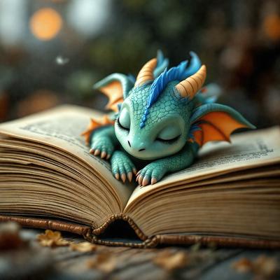 The primary subject of the image is a small dragon figurine, which is resting on top of an open book. The setting is a table, and the visual style appears to be a digital art or illustration. The colors and mood of the image are predominantly green and blue, giving it a calm and serene atmosphere.